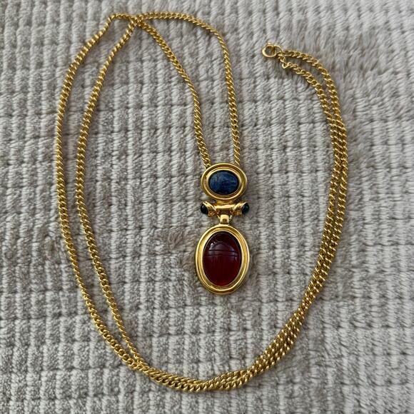 Egyptian Revival Scarabs Semi Precious Gemstones Gold Tone Pendant Necklace - Picture 1 of 4